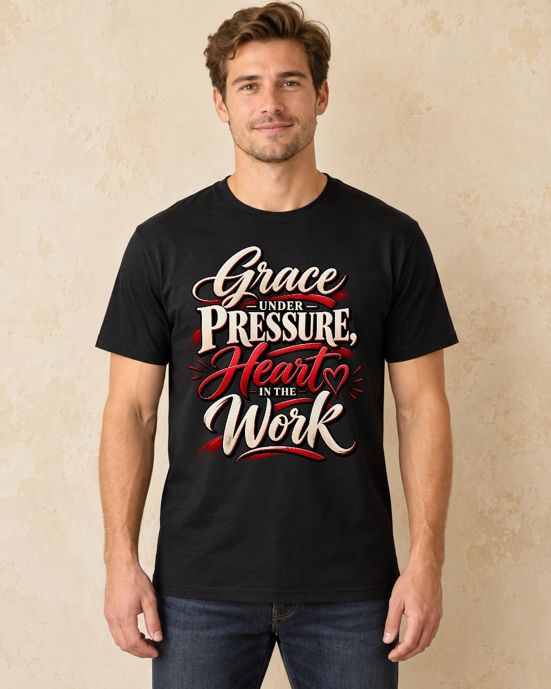 Model standing Grace Under Pressure Heart In The Work T-shirt in Black