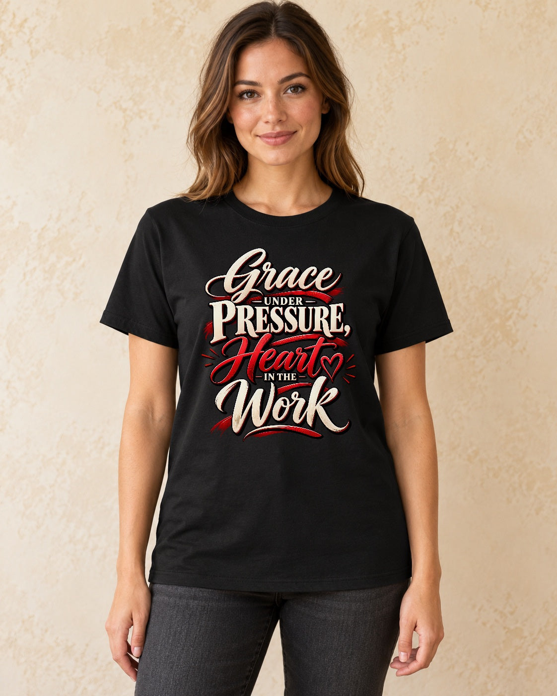 Model standing Grace Under Pressure Heart In The Work T-shirt in Black