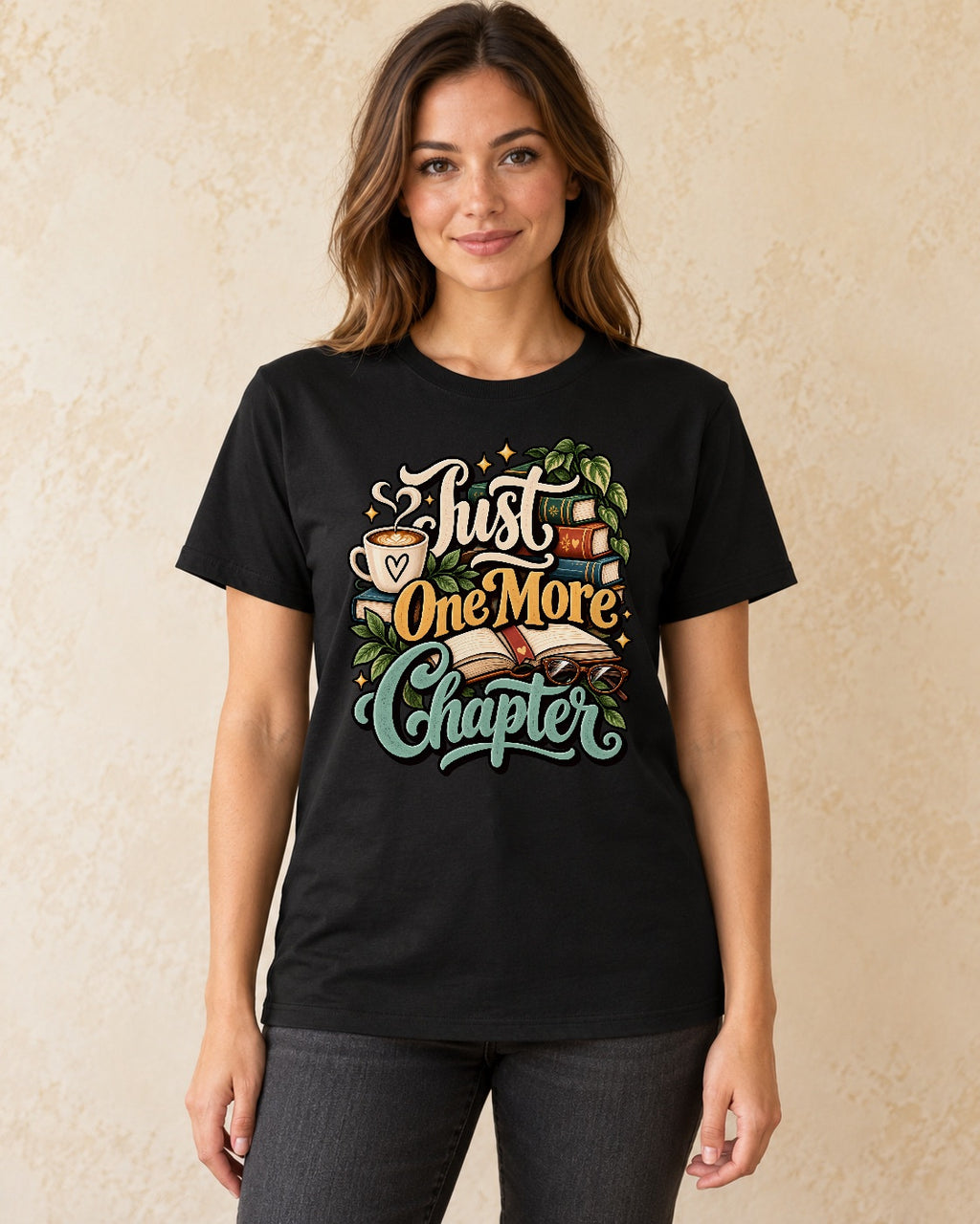 Model standing Just One More Chapter T-shirt in Black