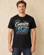 Model standing Compassion In Every Shift T-shirt in Black