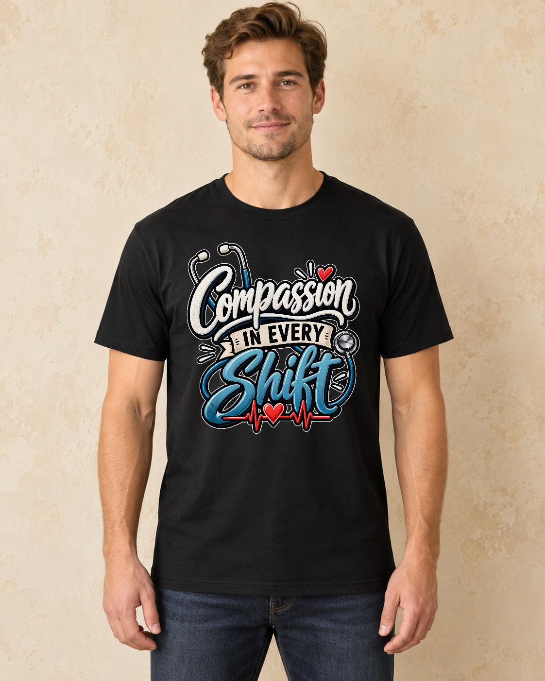 Model standing Compassion In Every Shift T-shirt in Black