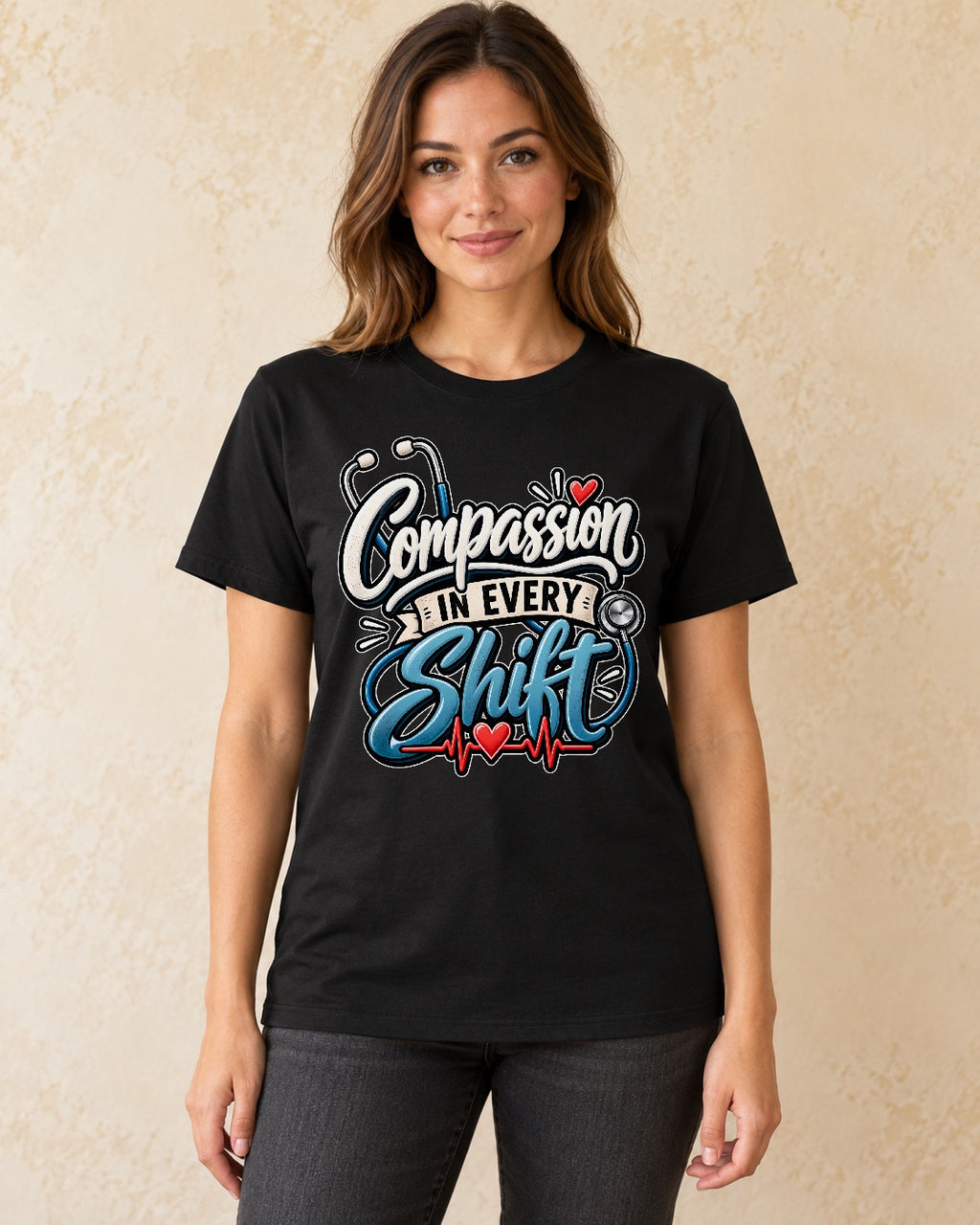 Model standing Compassion In Every Shift T-shirt in Black