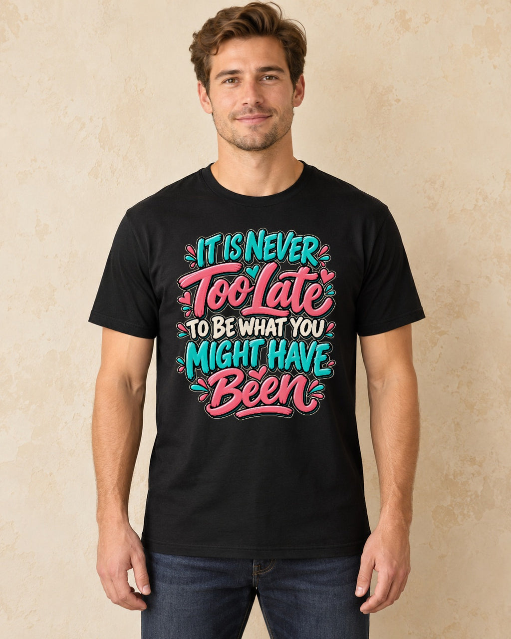 Model standing 0001 Colorful Hand Painted Quote Typography png T-shirt in Black