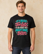 Model standing 0001 Colorful Hand Painted Quote Typography png T-shirt in Black