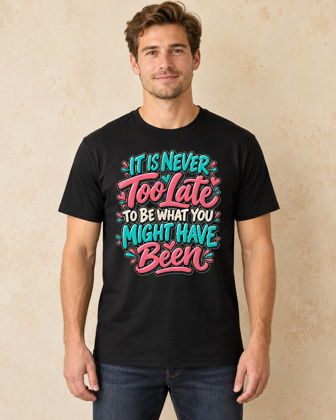 Model standing 0001 Colorful Hand Painted Quote Typography png T-shirt in Black