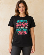 Model standing 0001 Colorful Hand Painted Quote Typography png T-shirt in Black