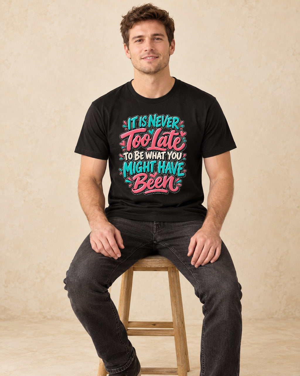 Model seated 0001 Colorful Hand Painted Quote Typography png T-shirt in Black