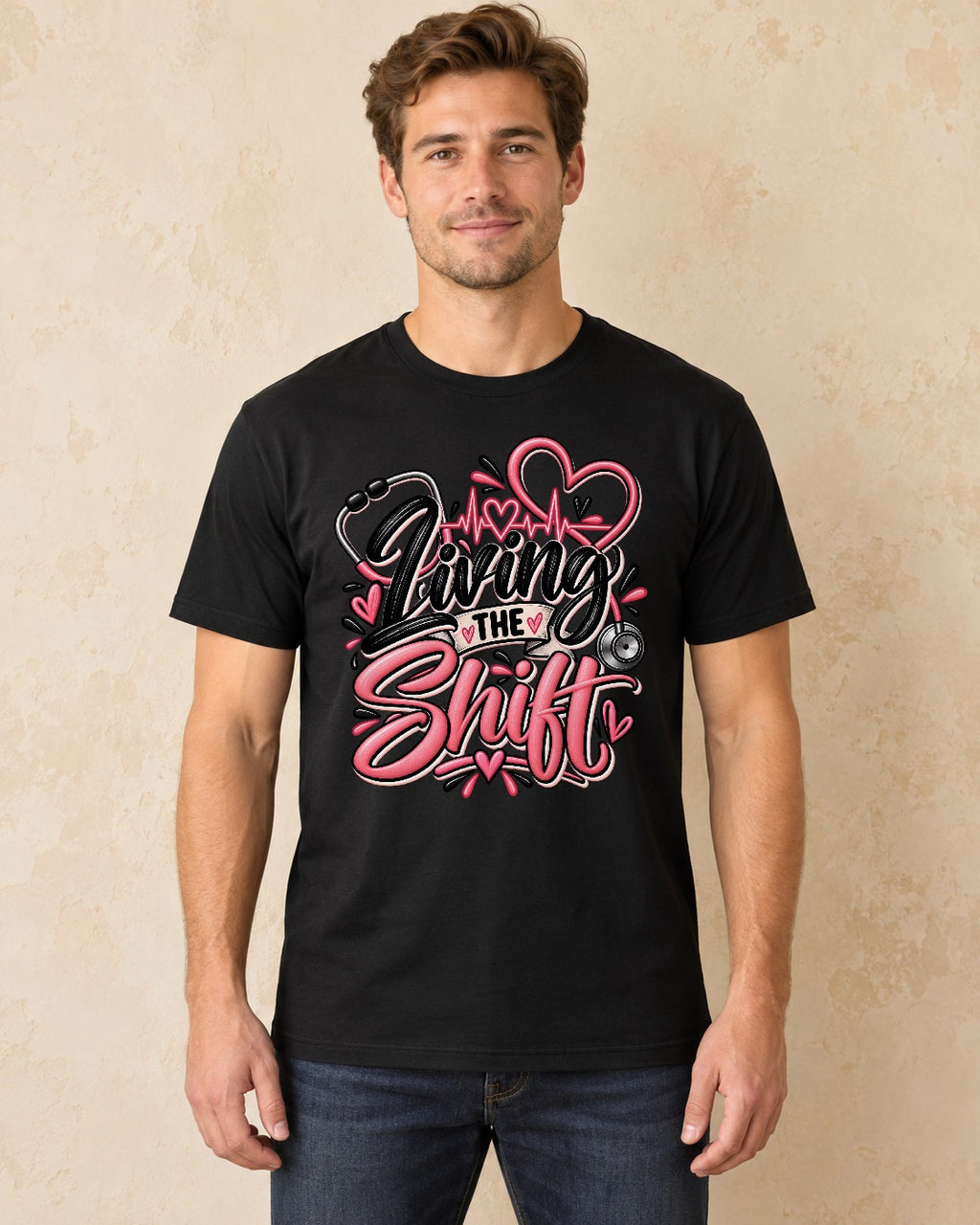 Model standing Living The Shift T-shirt in Black