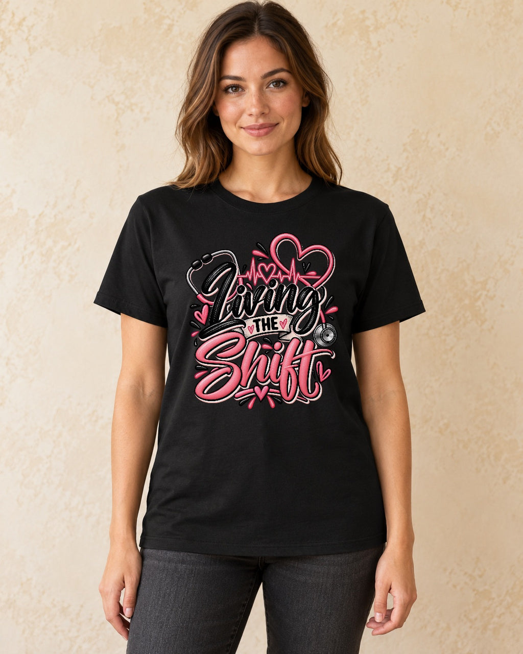 Model standing Living The Shift T-shirt in Black