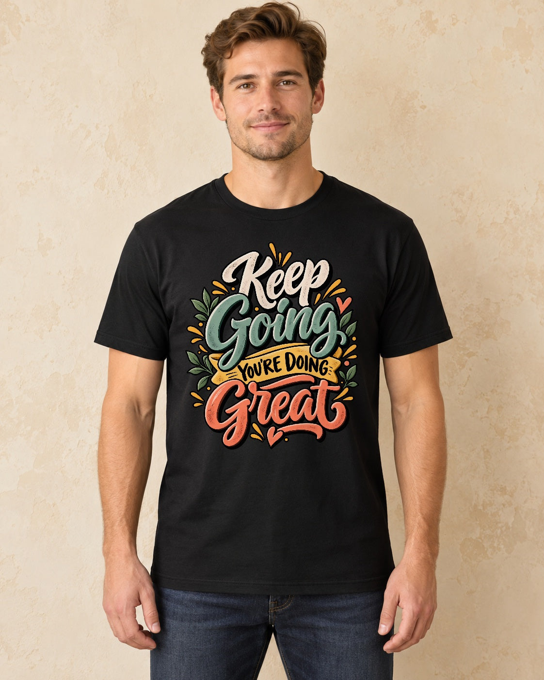 Model standing Keep Going You’re Doing Great T-shirt in Black