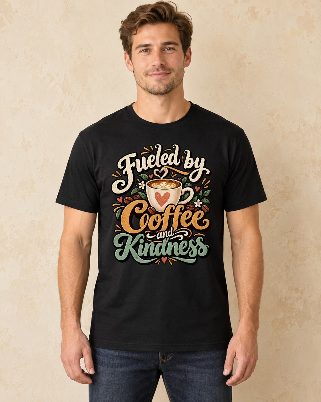 Model standing Fueled By Coffee And Kindness T-shirt in Black