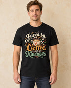 Model standing Fueled By Coffee And Kindness T-shirt in Black