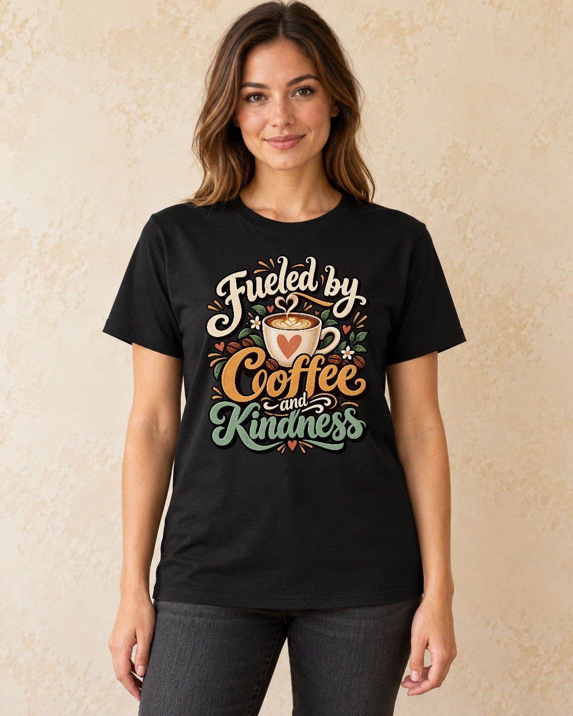 Model standing Fueled By Coffee And Kindness T-shirt in Black