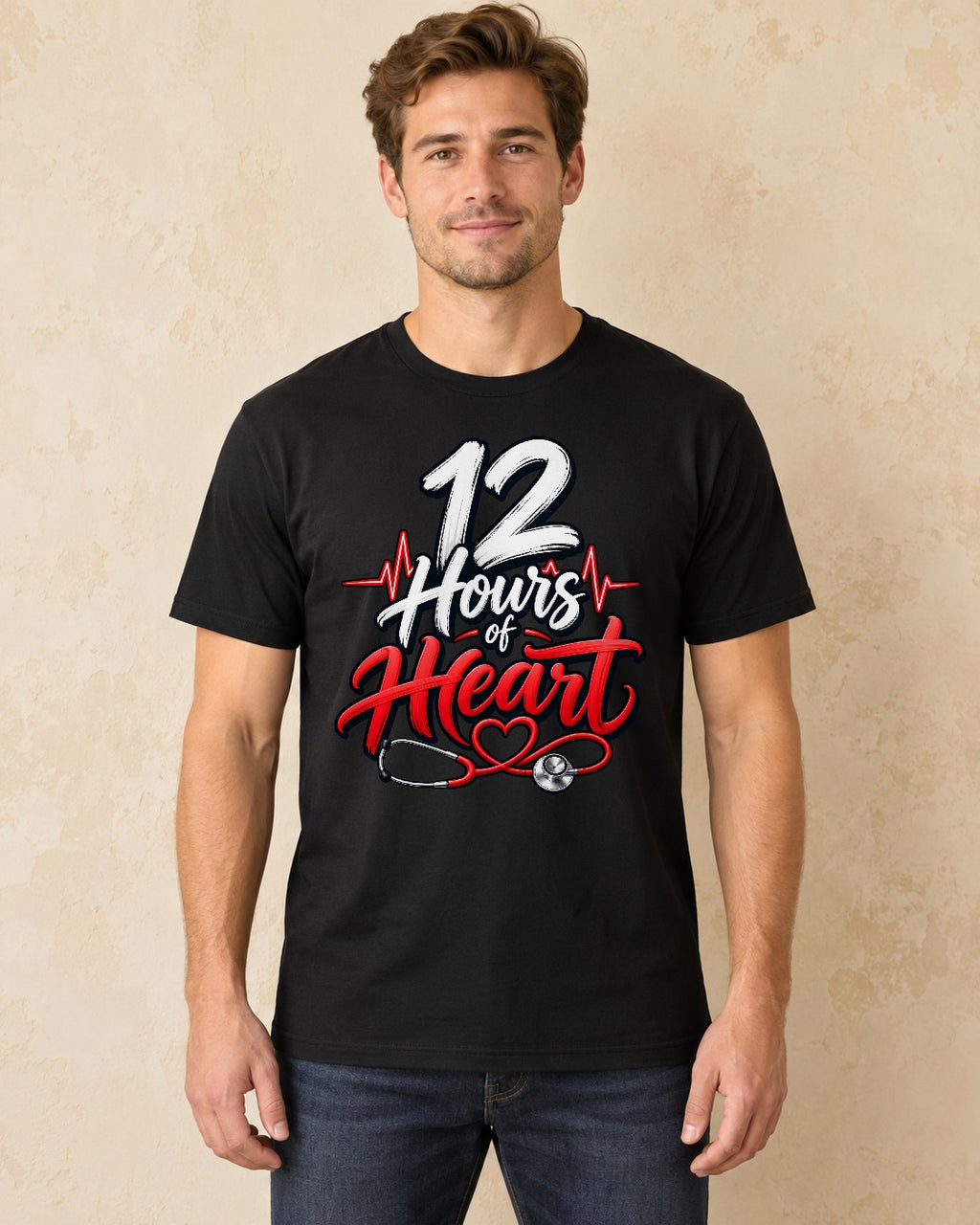 Model standing 12 Hours of Heart T-shirt in Black