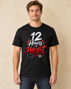 Model standing 12 Hours of Heart T-shirt in Black