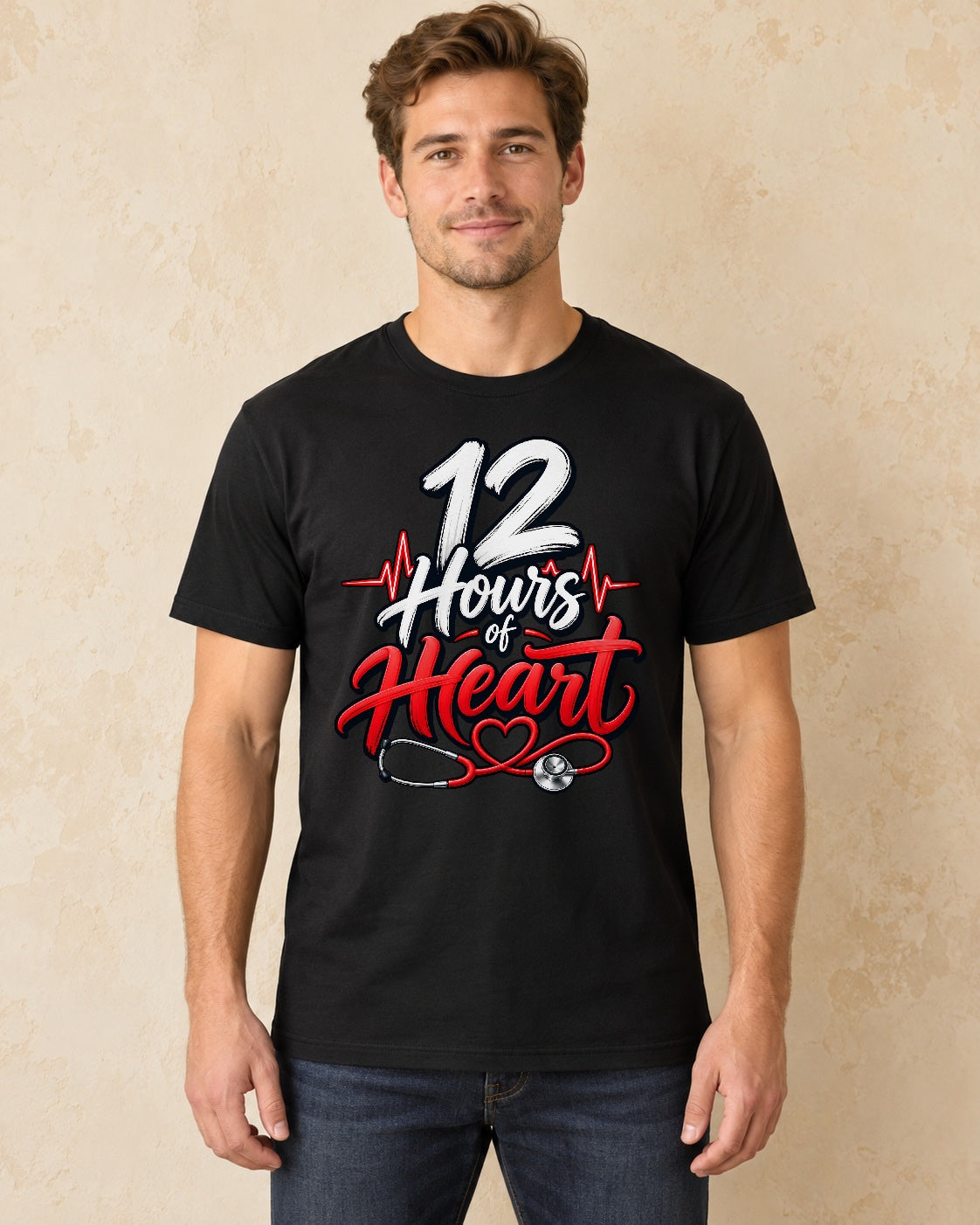 Model standing 12 Hours of Heart T-shirt in Black