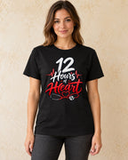 Model standing 12 Hours of Heart T-shirt in Black