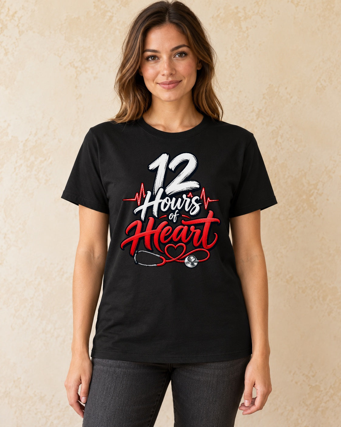 Model standing 12 Hours of Heart T-shirt in Black