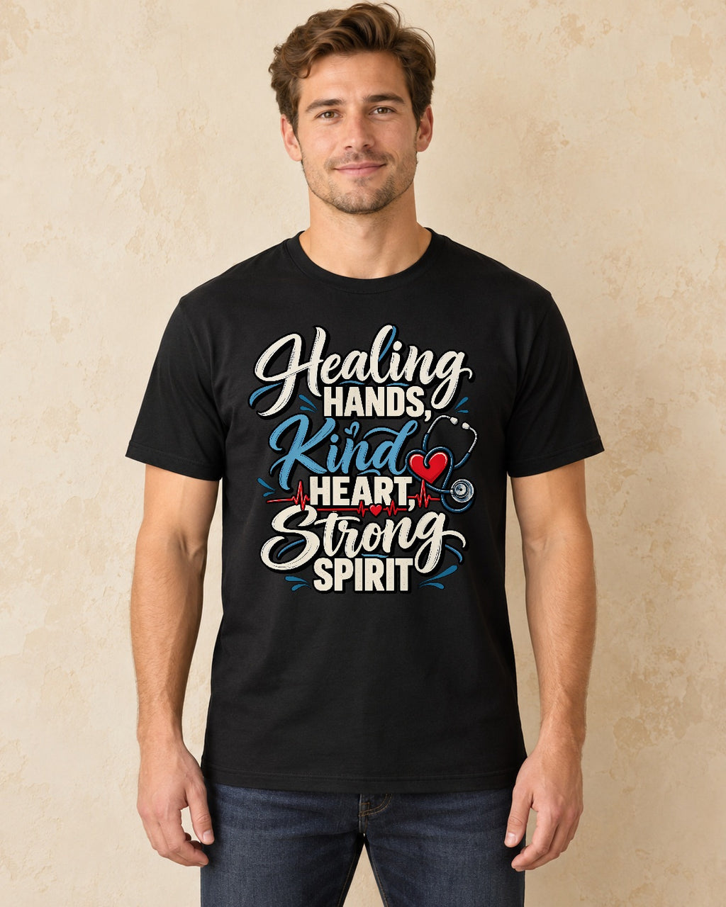 Model standing Healing Hands Kind Heart Strong Spirit T-shirt in Black