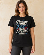 Model standing Healing Hands Kind Heart Strong Spirit T-shirt in Black