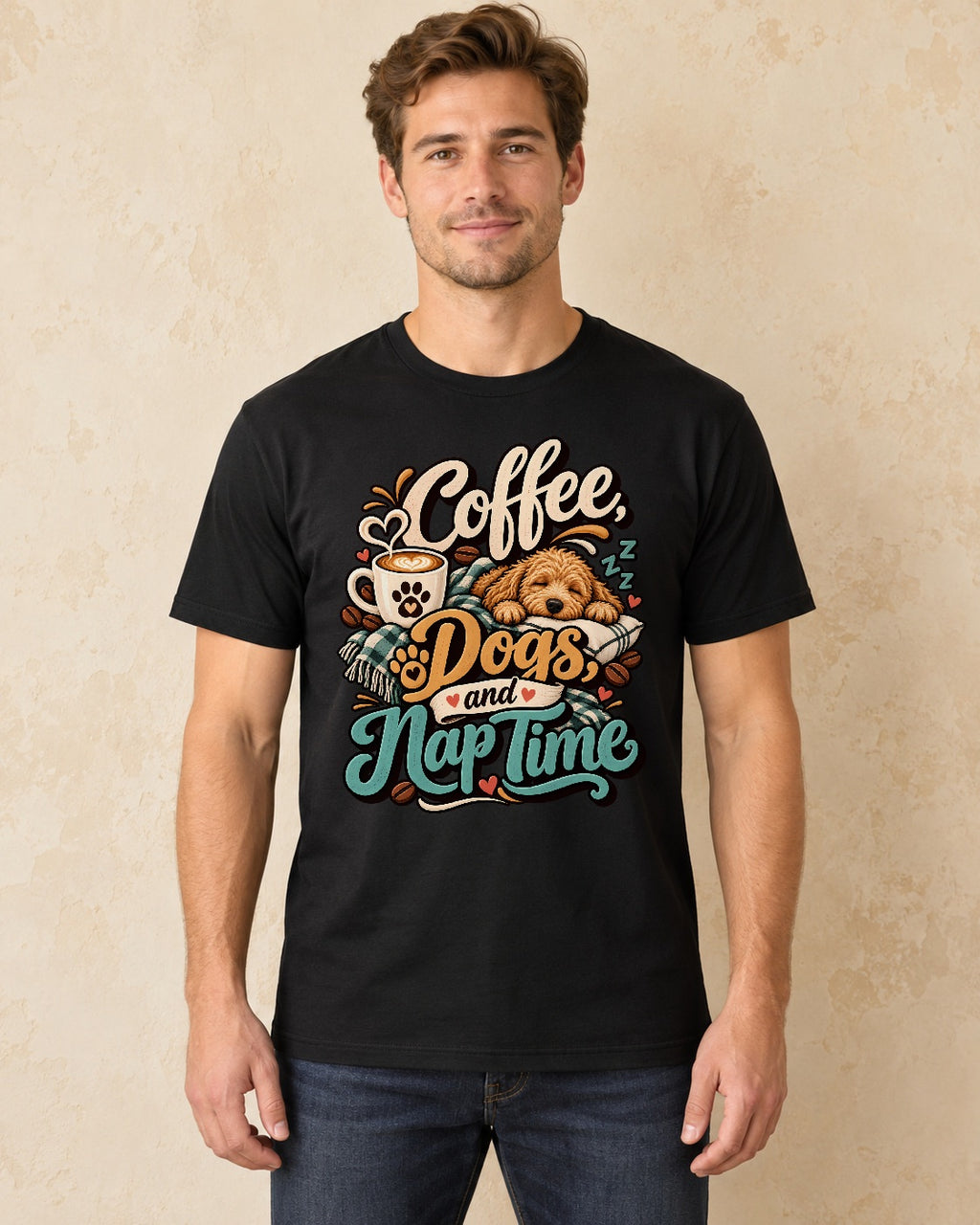 Model standing Coffee Dogs And Nap Time T-shirt in Black