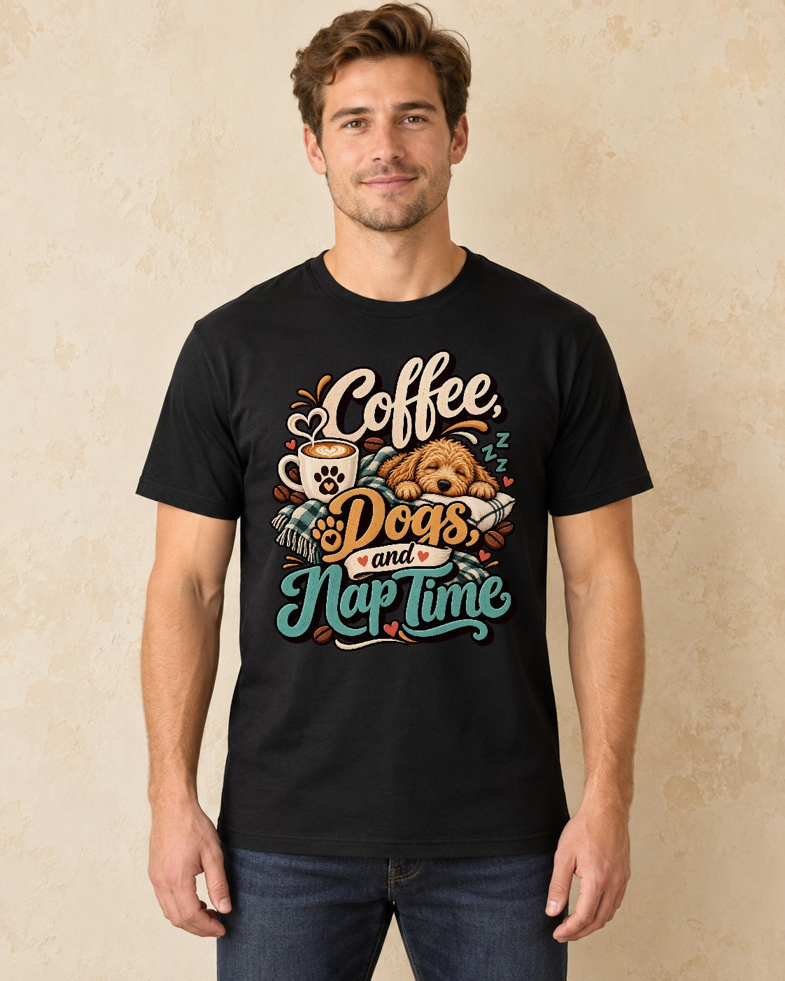 Model standing Coffee Dogs And Nap Time T-shirt in Black